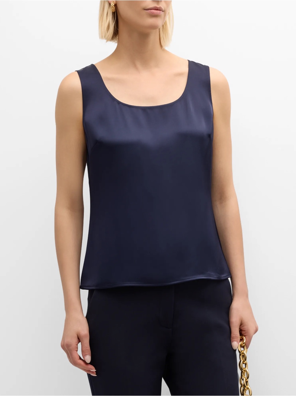 St John Liquid Satin Scoop Neck Tank Top Shell In Navy Blue Size M